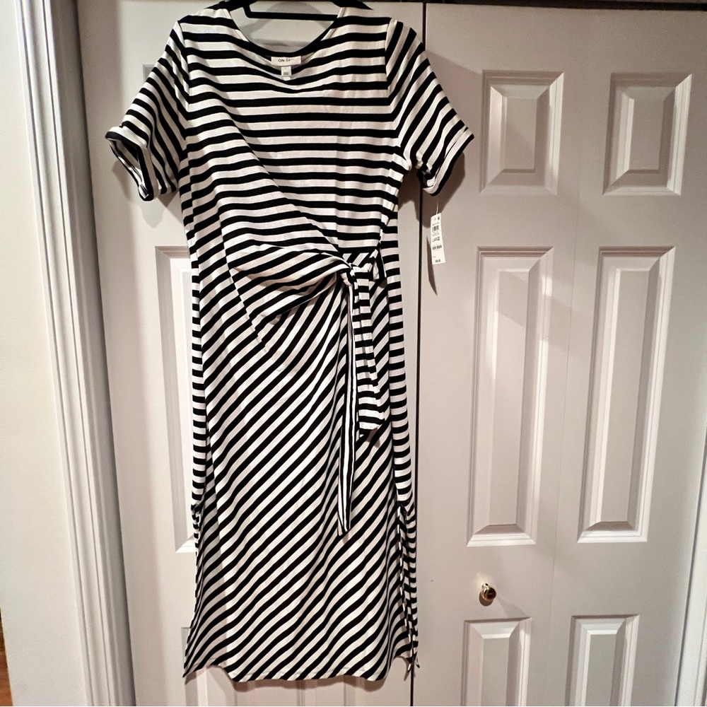 Elegant Black and White Striped Midi Dress